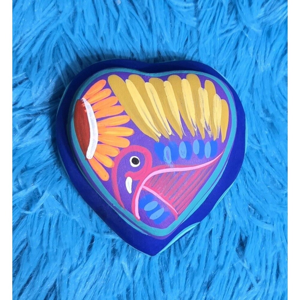 Hand Painted Heart Clay Lidded Trinket Box Mexico Handmade Art Pottery Blue